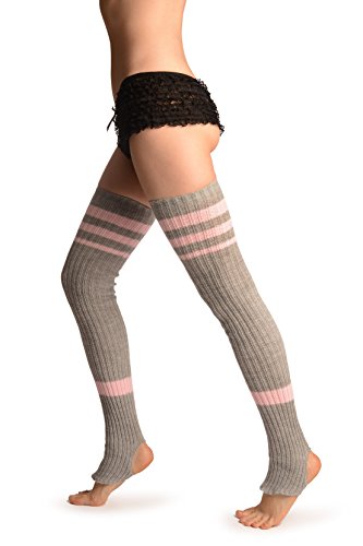 LissKiss Grey With Baby Pink Referee Stripes Stirrup Dance/Ballet Leg Warmers -...