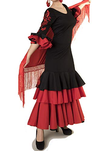 ANUKA Traje de Baile Flamenco para Mujer con Flores en Las Mangas Bordadas. Made...