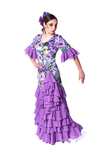 ANUKA Vestido de Mujer para Baile Flamenco o sevillanas. Estampado Floral, Manga...