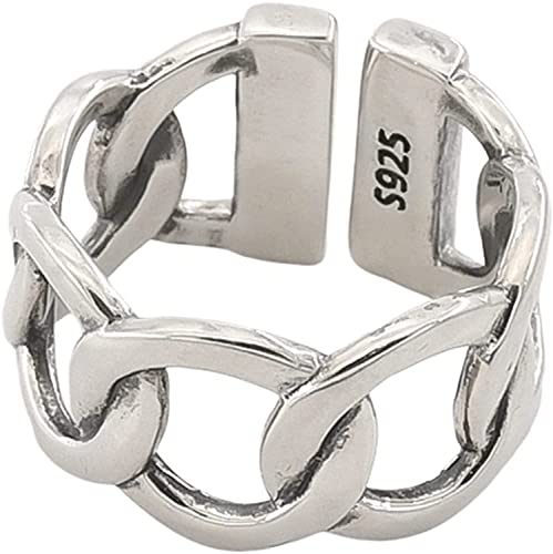 Anillo de cadena de trigo, anillo abierto, anillo ancho ajustable de plata de...