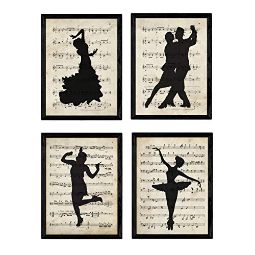 Nacnic - 4 Poster Vintage Estilo de Baile sobre Partituras - Cuadro Artístico...